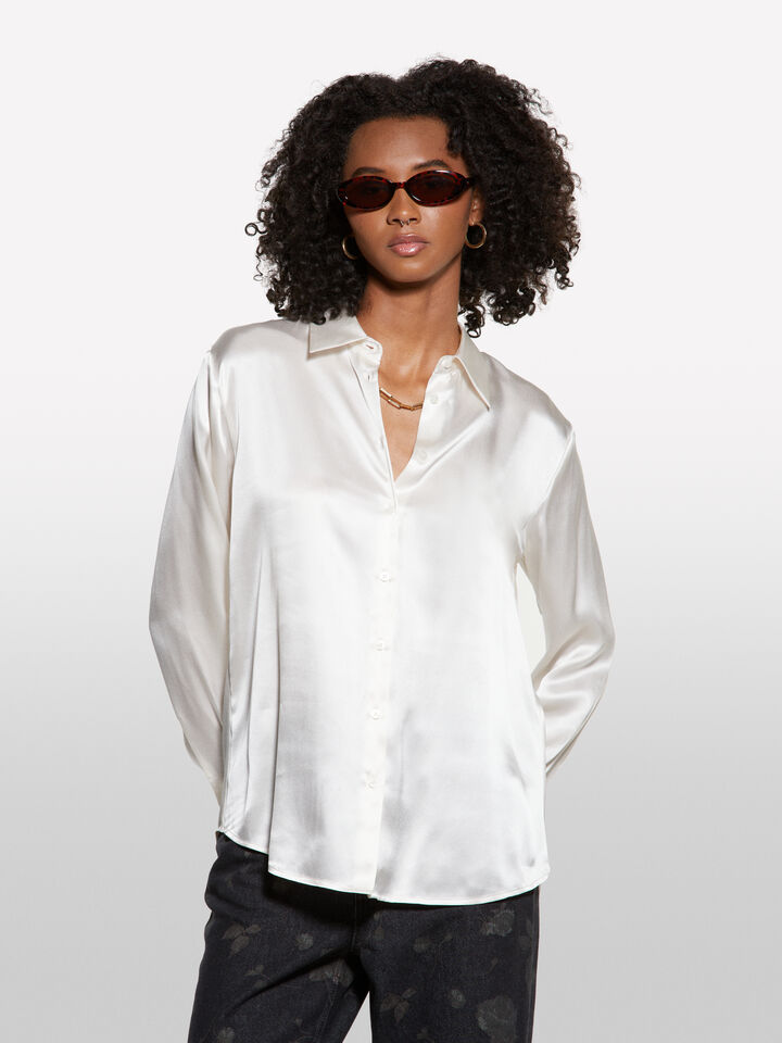 Cream white shirt in 100% silk - women's shirts - Creamy White | Sisley image number 3